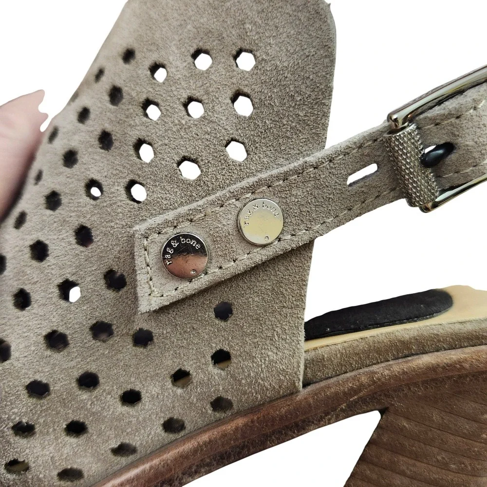 Rag & Bone Wyatt Taupe Suede Perforated Peep Toe Slingback Block Heel Sandals 39